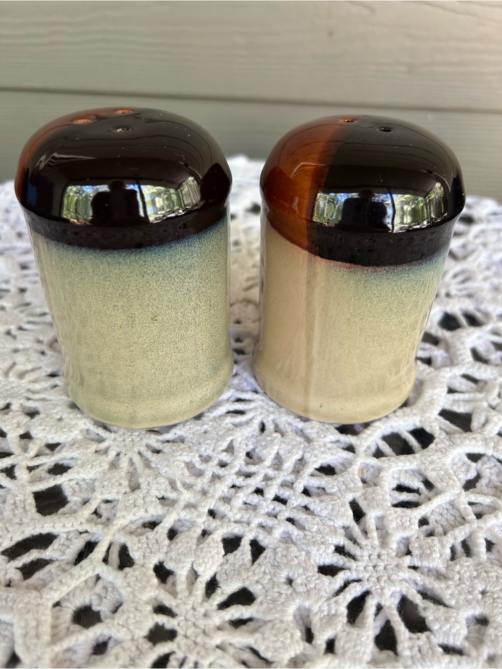 Glazed Ceramic Salt and Pepper Shakers in Brown and Cream